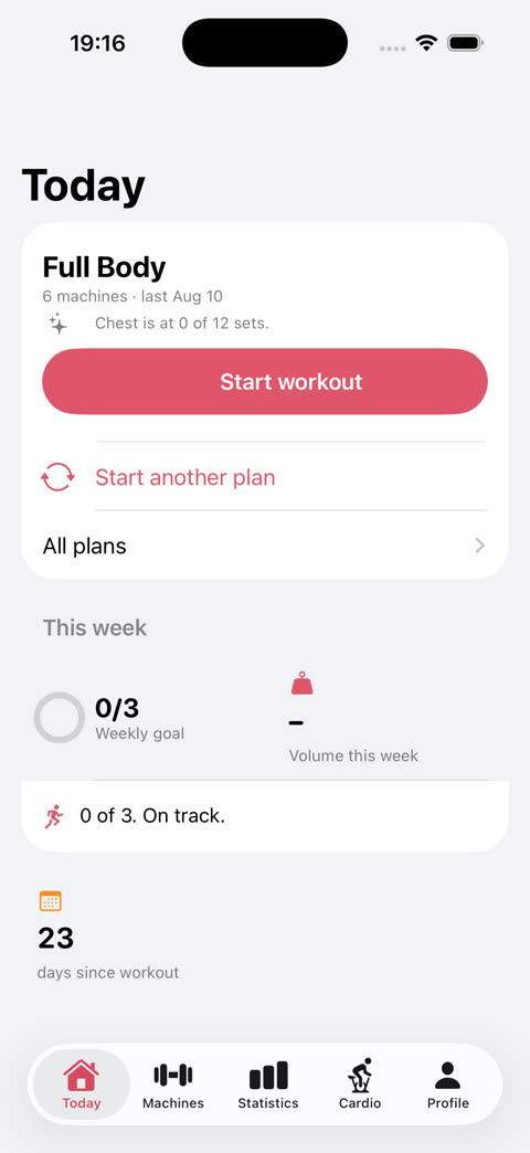 Heute-Tab mit Tagesvorschlag, Wochenziel und Streak